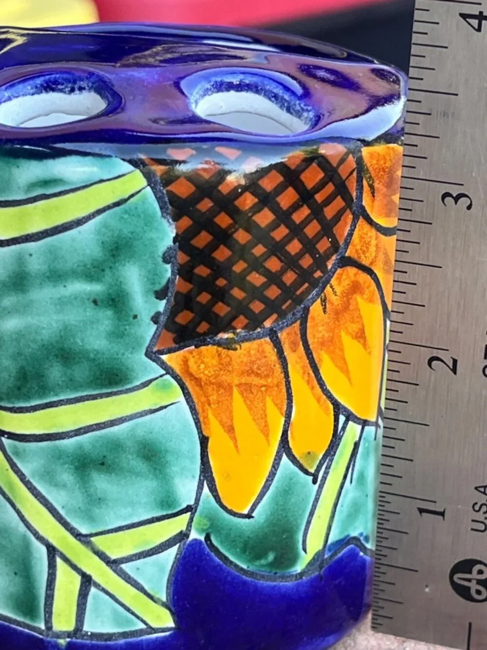 Hand-Painted Talavera Ceramic Toothbrush Holder Sunflower Design Made In Mexico